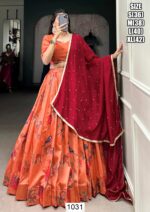 Orange Tussar Silk Readymade Lehenga Choli With Bird Printing Work