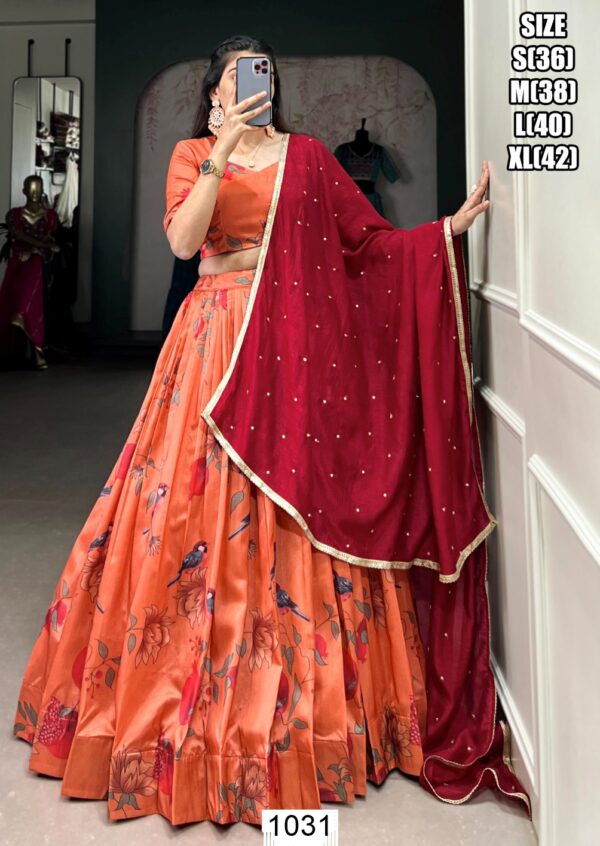 Orange Tussar Silk Readymade Lehenga Choli With Bird Printing Work