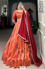 Orange Tussar Silk Readymade Lehenga Choli With Bird Printing Work