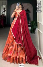 Orange Tussar Silk Readymade Lehenga Choli With Bird Printing Work