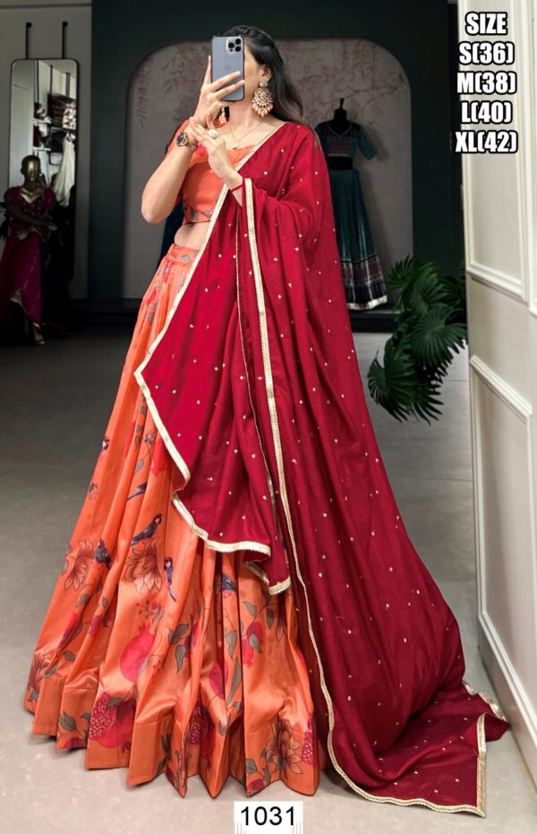 Orange Tussar Silk Readymade Lehenga Choli With Bird Printing Work