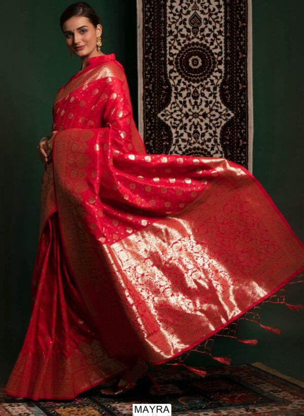 Inddus Red And Gold-Coloured Silk Blend Premium Designer Banarasi Saree