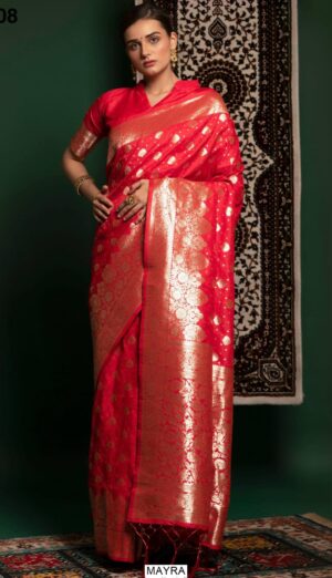 Inddus Red And Gold-Coloured Silk Blend Premium Designer Banarasi Saree