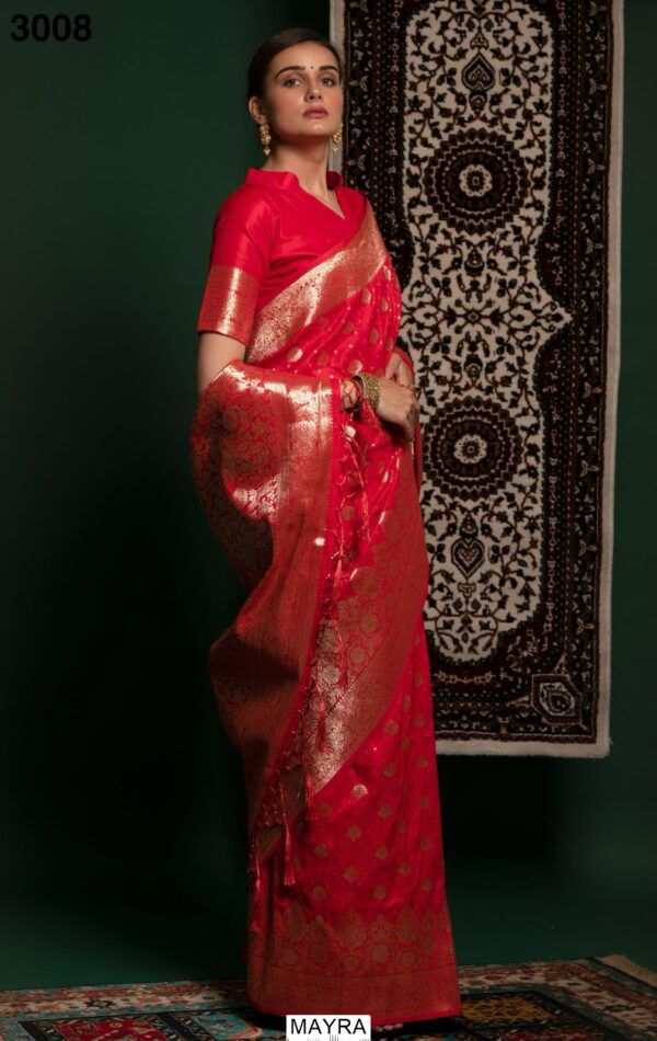 Inddus Red And Gold-Coloured Silk Blend Premium Designer Banarasi Saree
