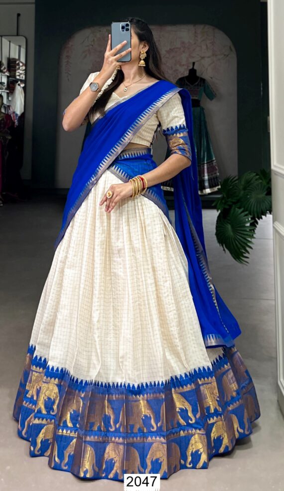 South Indian Style Kalyani Cotton Lehenga Choli With Flowy Dupatta