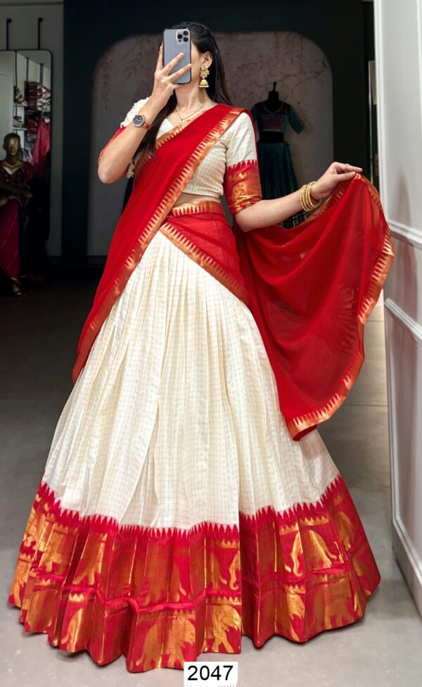 South Indian Style Kalyani Cotton Lehenga Choli With Flowy Dupatta