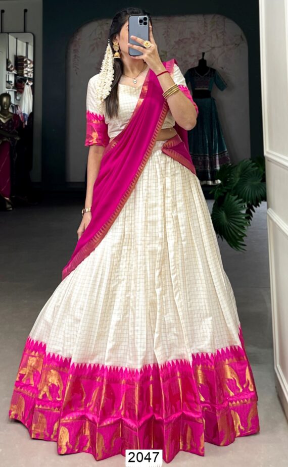 South Indian Style Kalyani Cotton Lehenga Choli With Flowy Dupatta