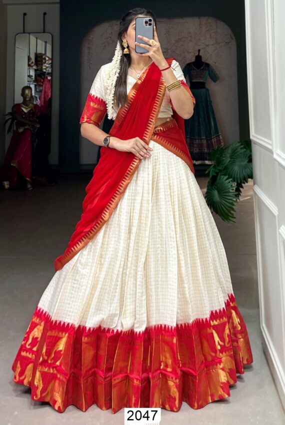 South Indian Style Kalyani Cotton Lehenga Choli With Flowy Dupatta