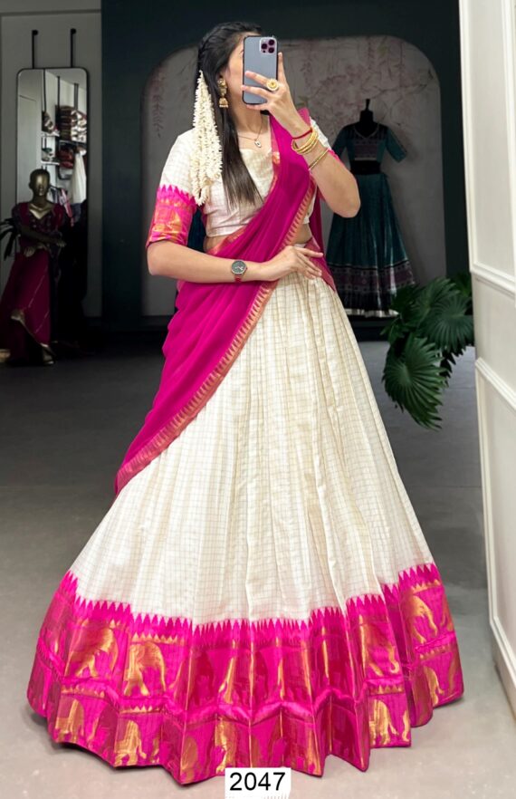 South Indian Style Kalyani Cotton Lehenga Choli With Flowy Dupatta