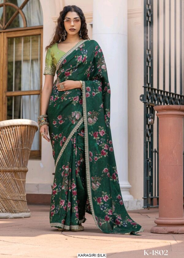Partywear Floral Printed Beautiful Rich Look Saree With Un-Stitched Blouse