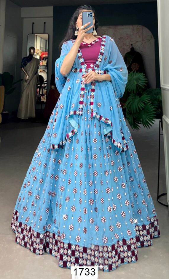 Georgette Sky Blue Festival Wear Mirror Work Semi-Stitched Lehenga Choli