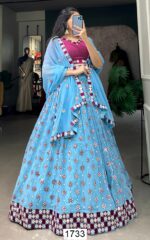 Georgette Sky Blue Festival Wear Mirror Work Semi-Stitched Lehenga Choli