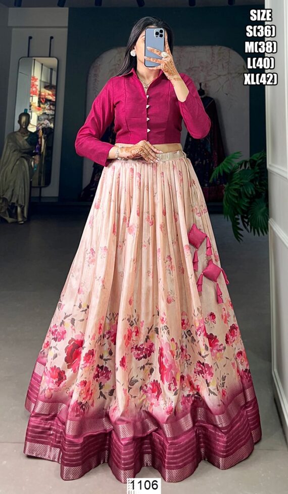 Buy Now Floral Printed Dola Silk Fancy Look Designer Crop Top Style Lehenga Choli