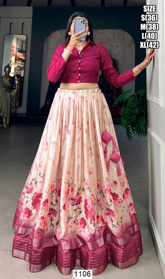 Buy Now Floral Printed Dola Silk Fancy Look Designer Crop Top Style Lehenga Choli