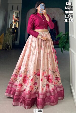 Buy Now Floral Printed Dola Silk Fancy Look Designer Crop Top Style Lehenga Choli