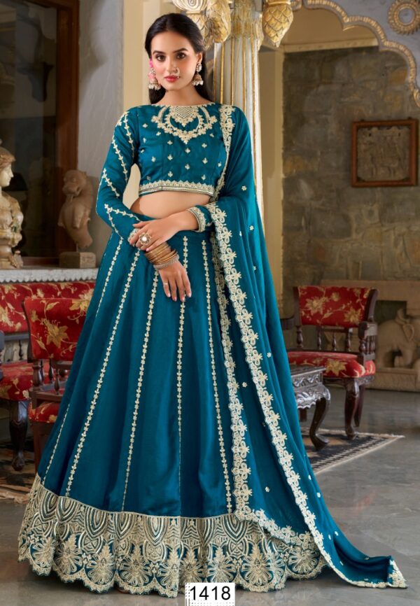 Sequins Embroidered Firozi Blue Lehenga Choli For Weddings And Festivals