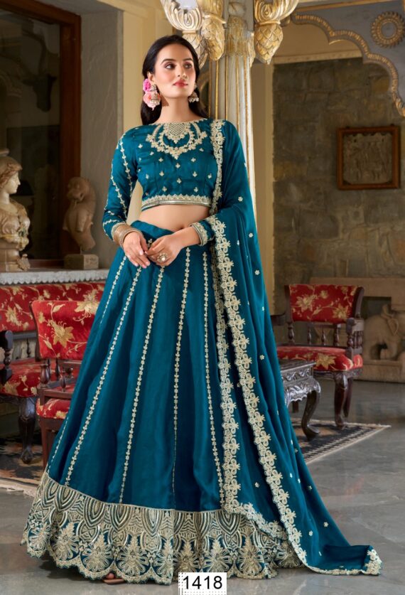 Sequins Embroidered Firozi Blue Lehenga Choli For Weddings And Festivals