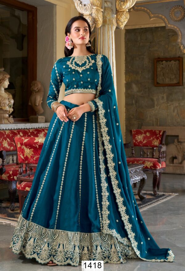 Sequins Embroidered Firozi Blue Lehenga Choli For Weddings And Festivals