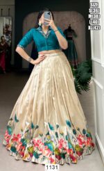 Off-White Floral Printed Festive Wear Tussar Silk Readymade Crop Top Lehenga Set
