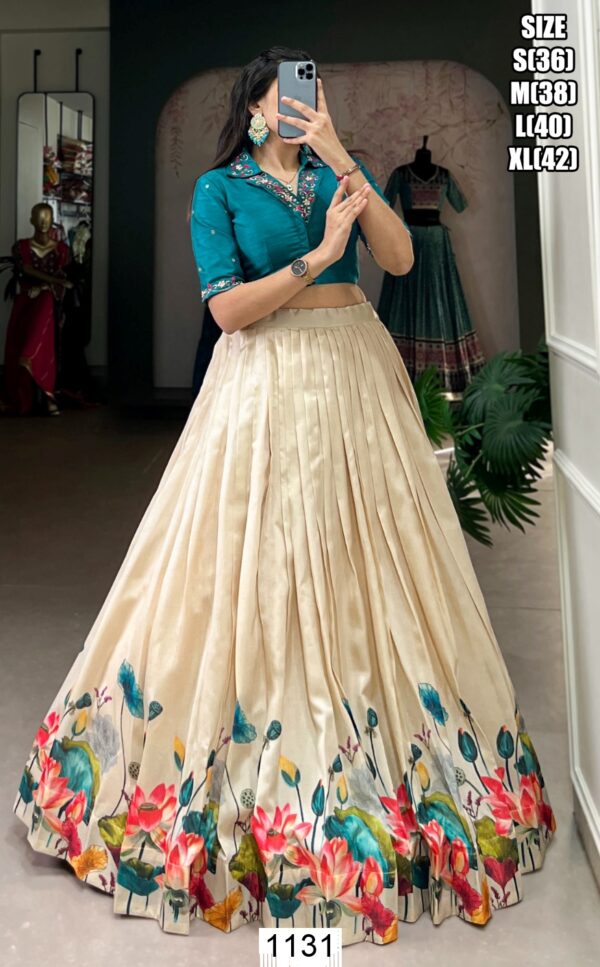 Off-White Floral Printed Festive Wear Tussar Silk Readymade Crop Top Lehenga Set