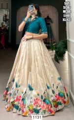 Off-White Floral Printed Festive Wear Tussar Silk Readymade Crop Top Lehenga Set