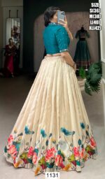 Off-White Floral Printed Festive Wear Tussar Silk Readymade Crop Top Lehenga Set