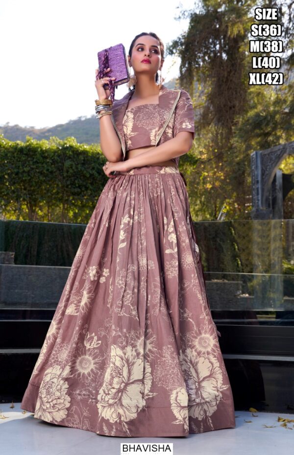 Floral Printed Tussar Silk Lehenga Choli With Koti – Fully Stitched With Heavy Tassels