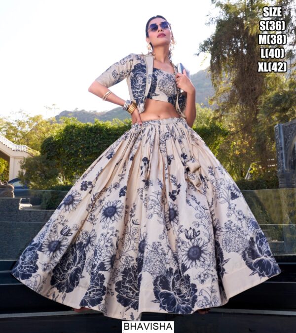 Floral Printed Tussar Silk Lehenga Choli With Koti – Fully Stitched With Heavy Tassels