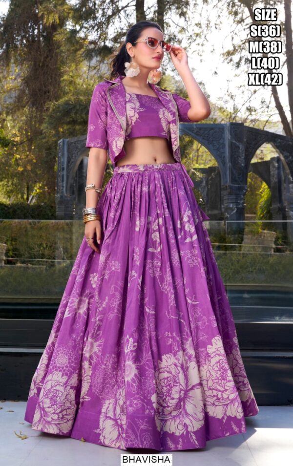 Floral Printed Tussar Silk Lehenga Choli With Koti – Fully Stitched With Heavy Tassels