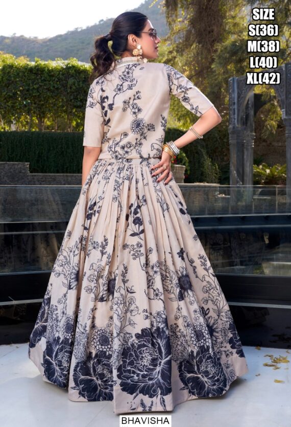 Floral Printed Tussar Silk Lehenga Choli With Koti – Fully Stitched With Heavy Tassels