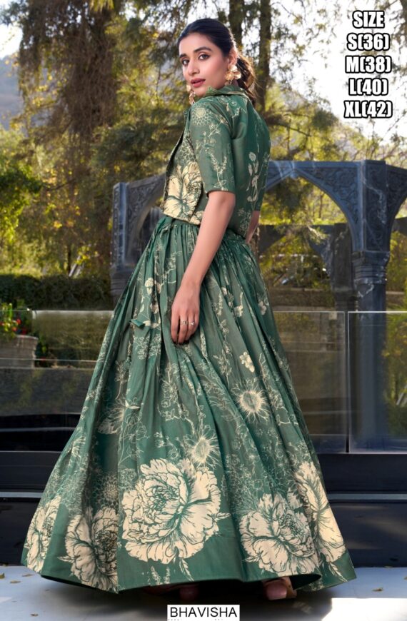 Floral Printed Tussar Silk Lehenga Choli With Koti – Fully Stitched With Heavy Tassels