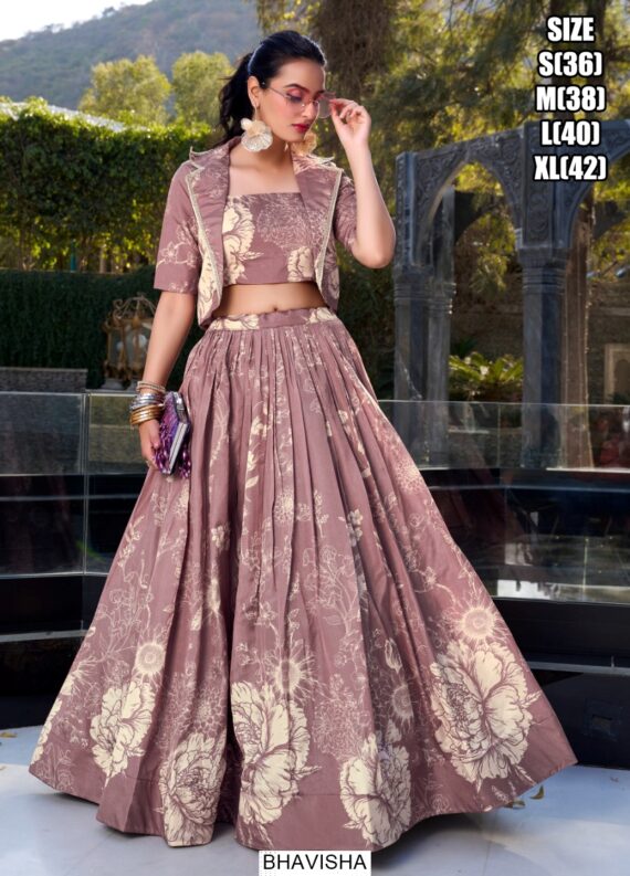 Floral Printed Tussar Silk Lehenga Choli With Koti – Fully Stitched With Heavy Tassels