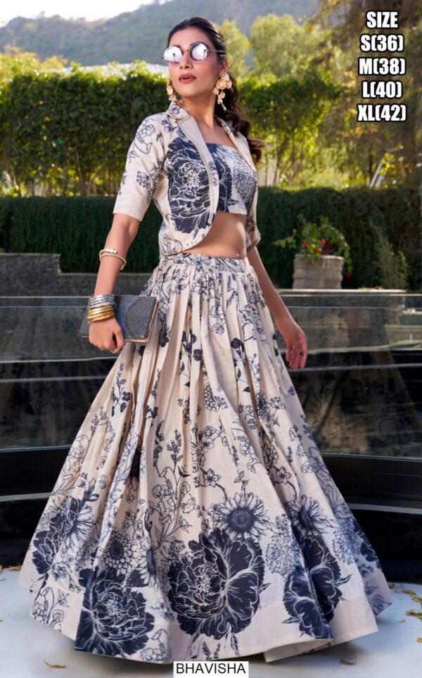 Floral Printed Tussar Silk Lehenga Choli With Koti – Fully Stitched With Heavy Tassels