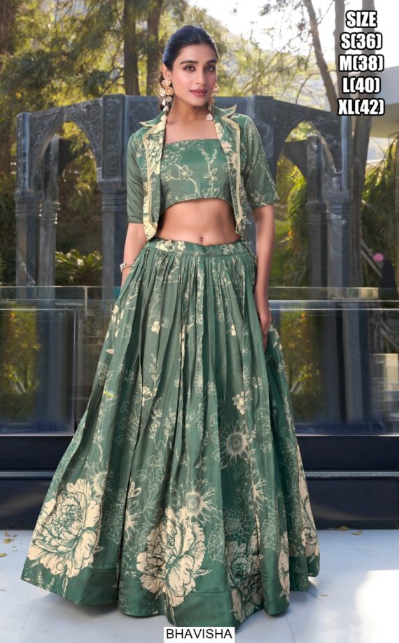 Floral Printed Tussar Silk Lehenga Choli With Koti – Fully Stitched With Heavy Tassels