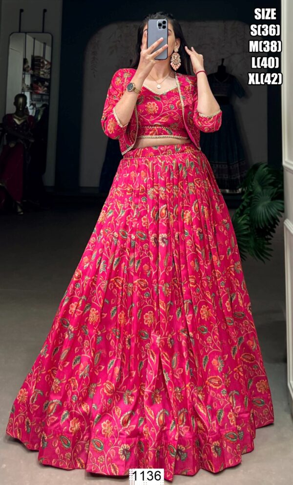 Pink Graceful Tussar Silk Floral Printed Wedding Wear Lehenga Choli With Koti
