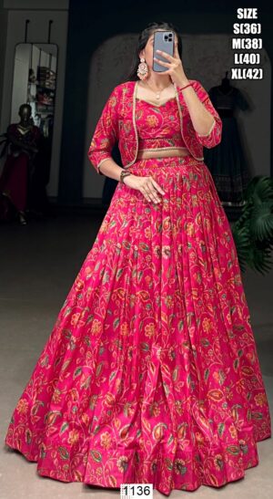 Pink Graceful Tussar Silk Floral Printed Wedding Wear Lehenga Choli With Koti