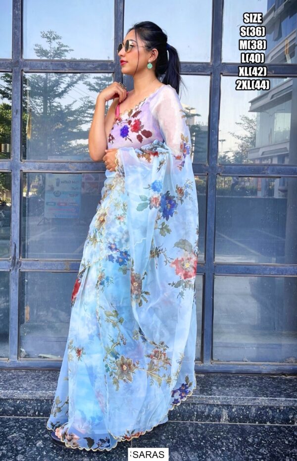 Get Ready To Make A Stunning Entrance At Any Parties With Our Beautiful Flower Printed Organza Saree