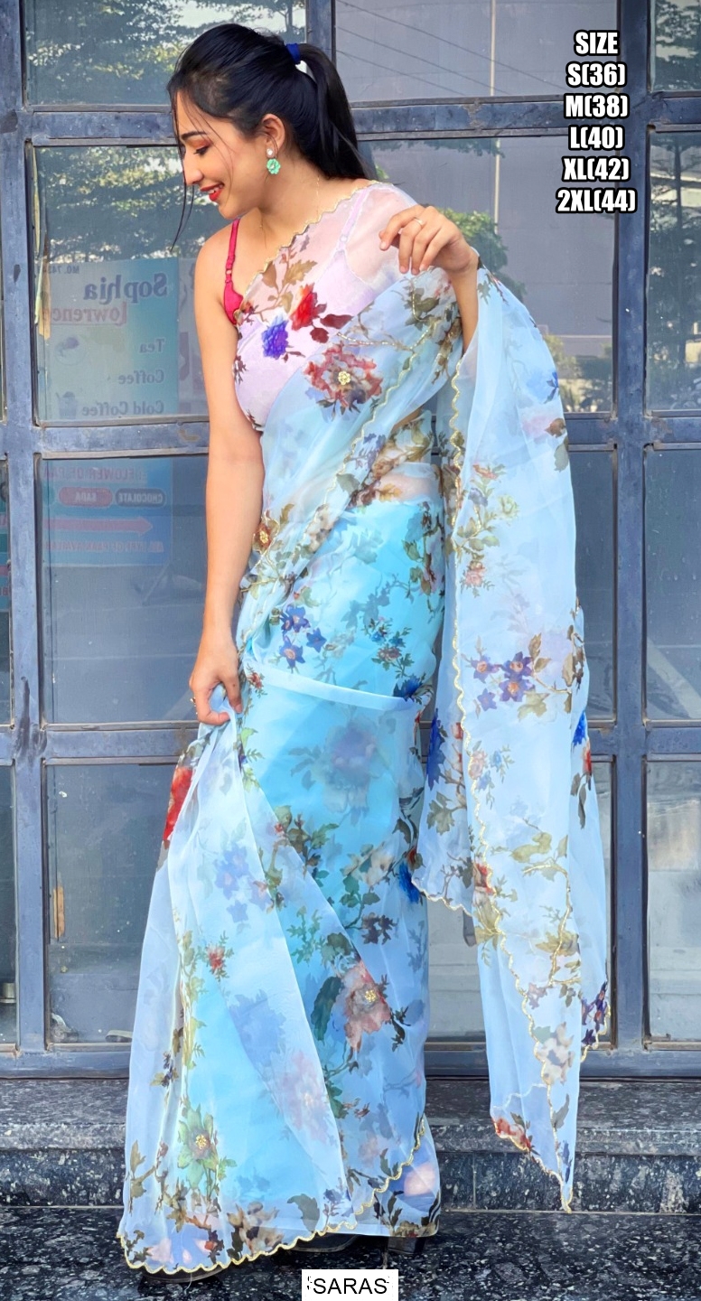 Women Wedding Wear Flower Printed Organza Saree with Un Stithed Blouse main image 0