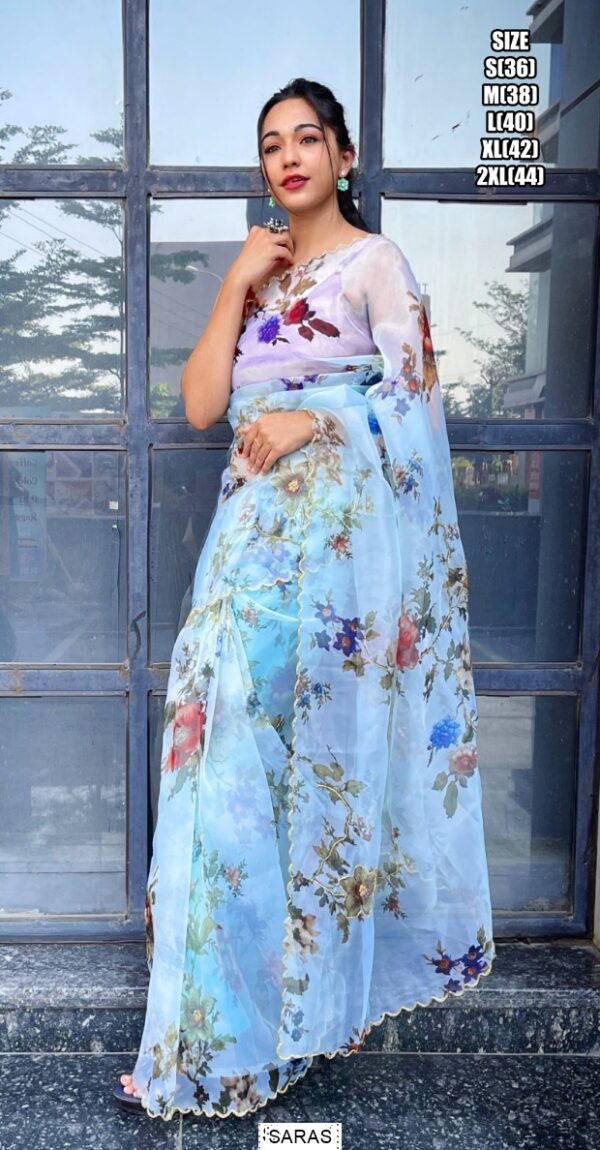 Get Ready To Make A Stunning Entrance At Any Parties With Our Beautiful Flower Printed Organza Saree