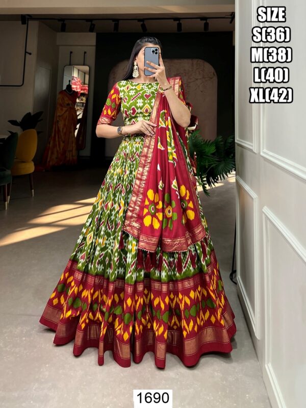 Buy Incredible Parrot Green Tussar Silk Patola Printed Lehenga Choli - Ethnicrang