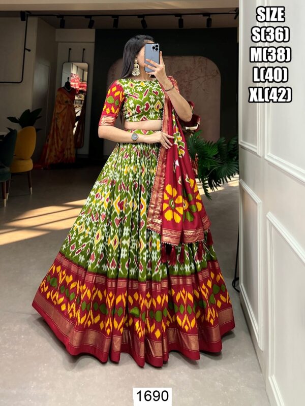 Buy Incredible Parrot Green Tussar Silk Patola Printed Lehenga Choli - Ethnicrang