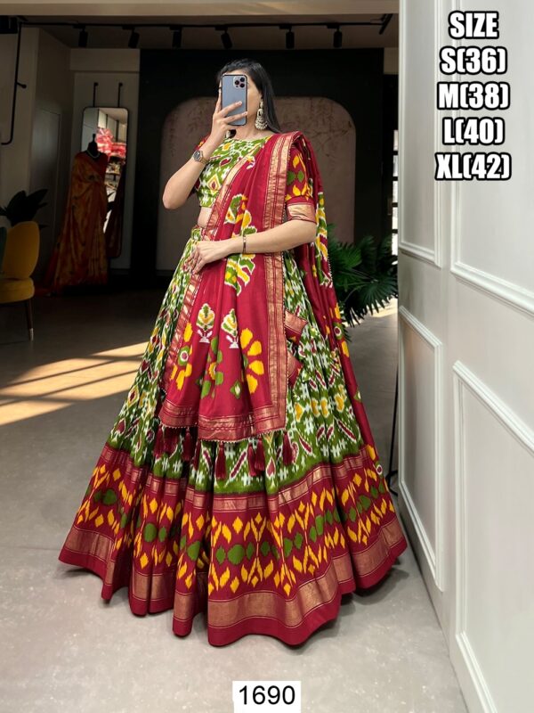 Buy Incredible Parrot Green Tussar Silk Patola Printed Lehenga Choli - Ethnicrang