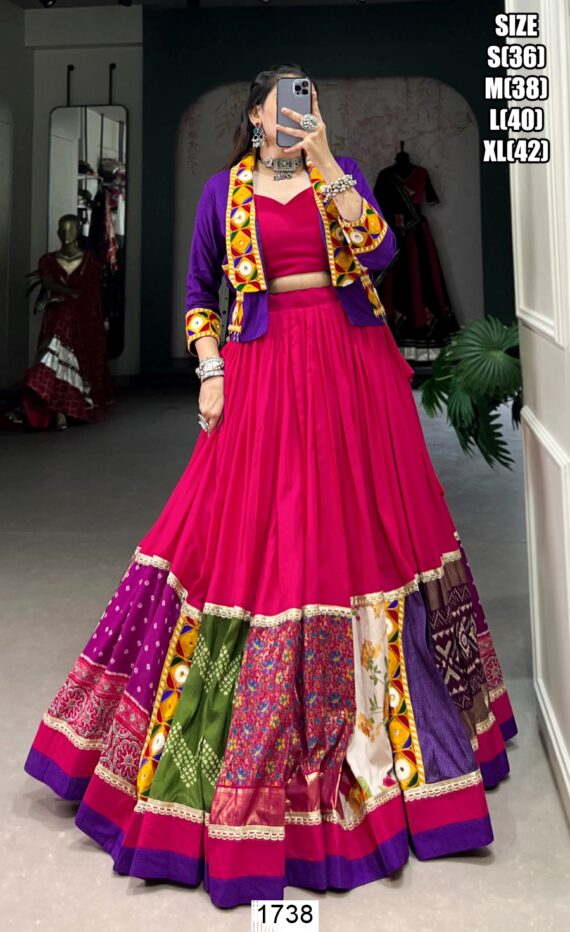 Dandiya Night Pink Rayon Gamthi Work Lehenga Choli With Koti