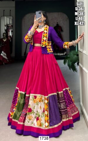 Dandiya Night Pink Rayon Gamthi Work Lehenga Choli With Koti