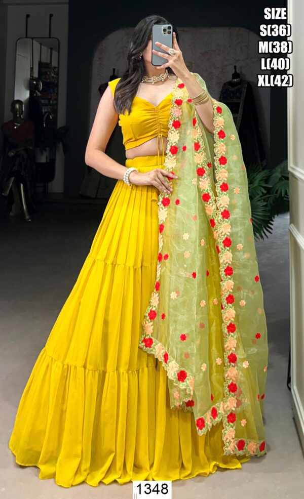 Georgette Yellow Plain Ready To Wear Lehenga Choli With Embroidered Dupatta