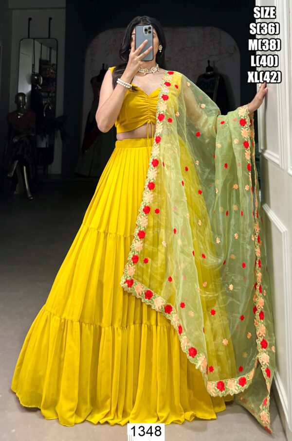 Georgette Yellow Plain Ready To Wear Lehenga Choli With Embroidered Dupatta