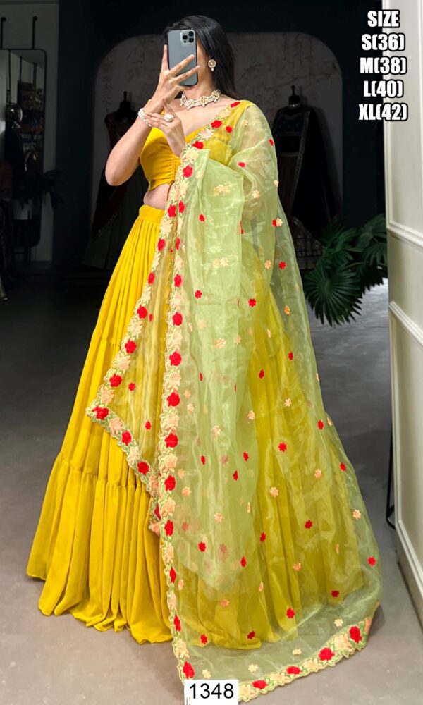 Georgette Yellow Plain Ready To Wear Lehenga Choli With Embroidered Dupatta