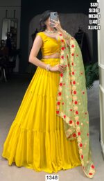 Georgette Yellow Plain Ready To Wear Lehenga Choli With Embroidered Dupatta