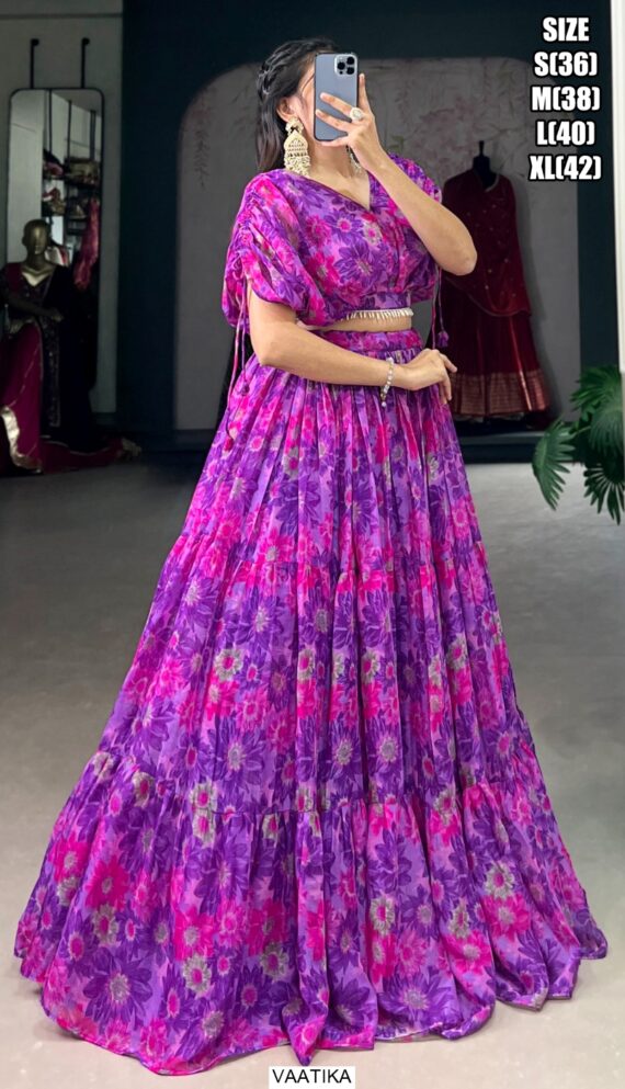 Enhance Your Look Adorning This Chiffon Lehenga Choli Crafted With Floral Printed Work All Over