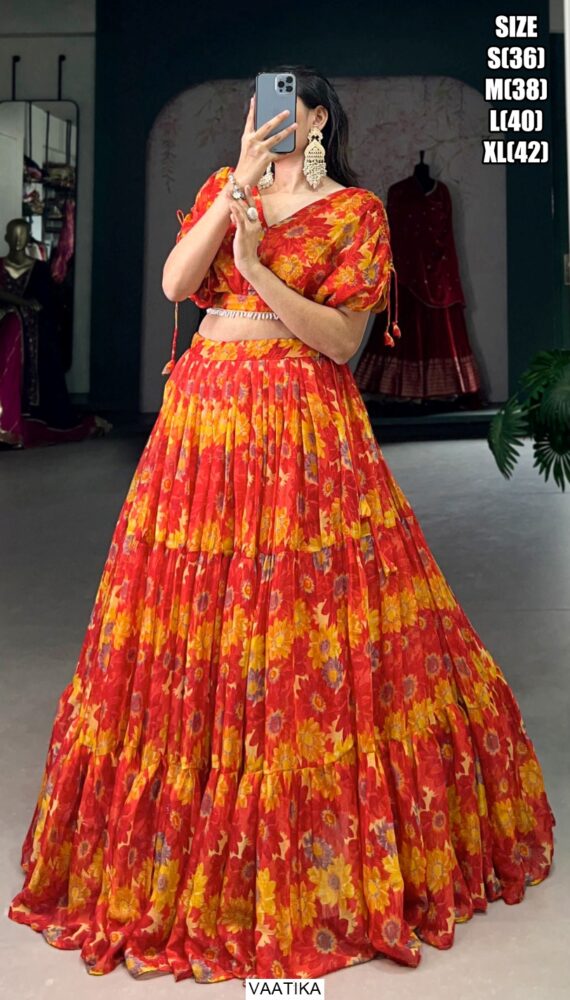 Enhance Your Look Adorning This Chiffon Lehenga Choli Crafted With Floral Printed Work All Over
